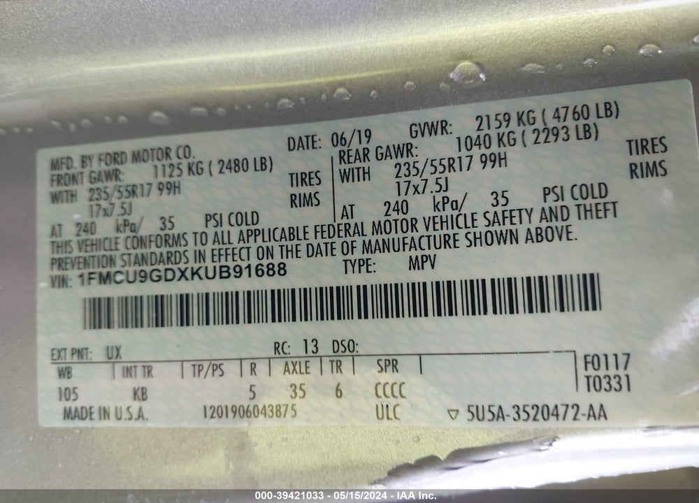 2019 FORD ESCAPE SE VIN: 1FMCU9GDXKUB91688