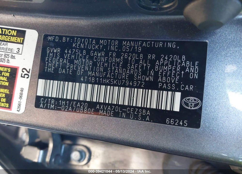 2019 TOYOTA CAMRY SE VIN: 4T1B11HK5KU794972