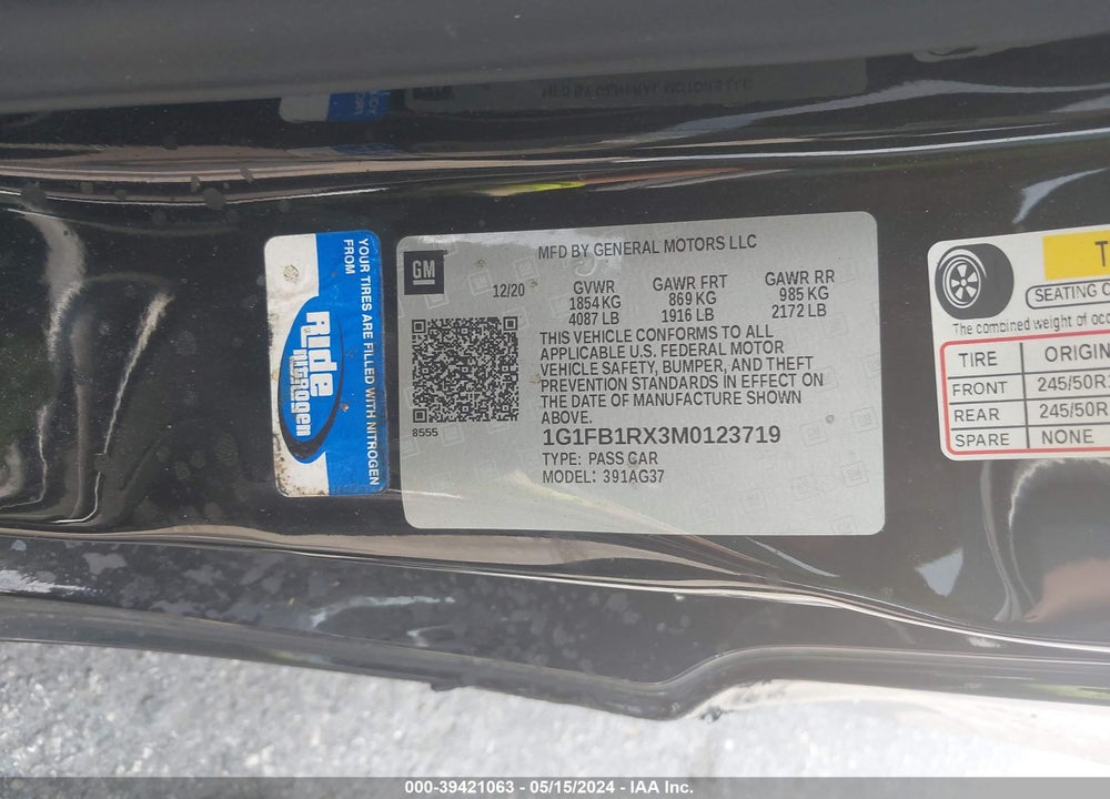 2021 CHEVROLET CAMARO RWD 1LS VIN: 1G1FB1RX3M0123719