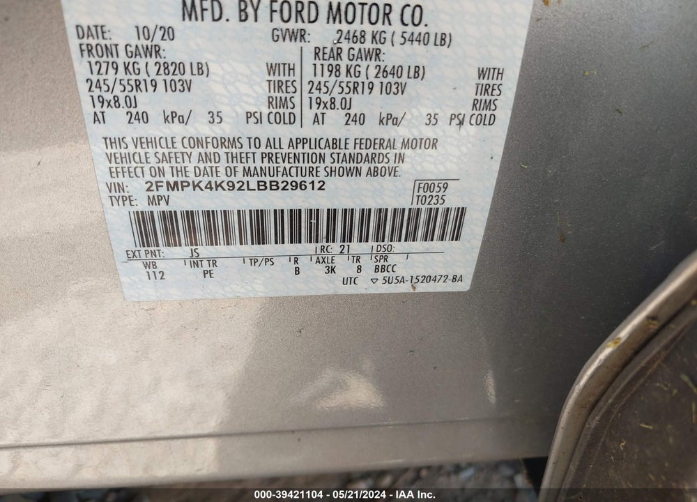 2020 FORD EDGE TITANIUM VIN: 2FMPK4K92LBB29612