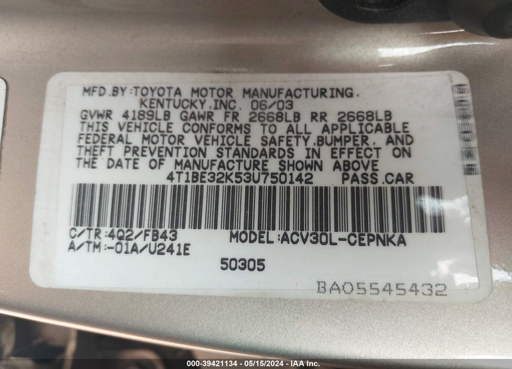 2003 TOYOTA CAMRY LE VIN: 4T1BE32K53U750142