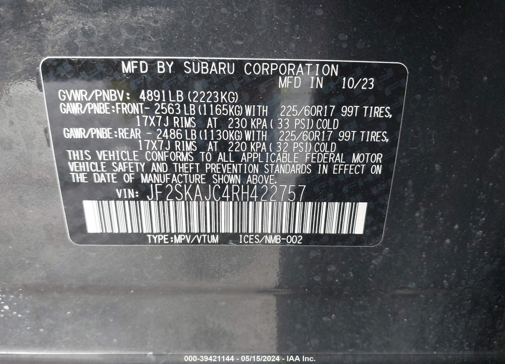 2024 SUBARU FORESTER WILDERNESS VIN: JF2SKAJC4RH422757