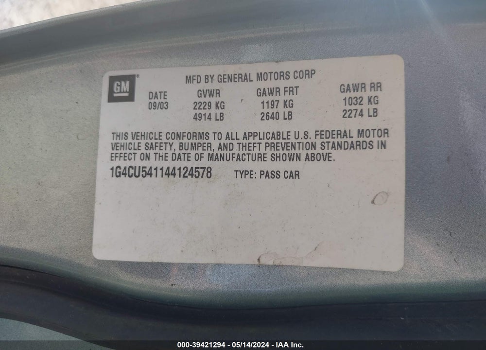 2004 BUICK PARK AVENUE ULTRA VIN: 1G4CU541144124578