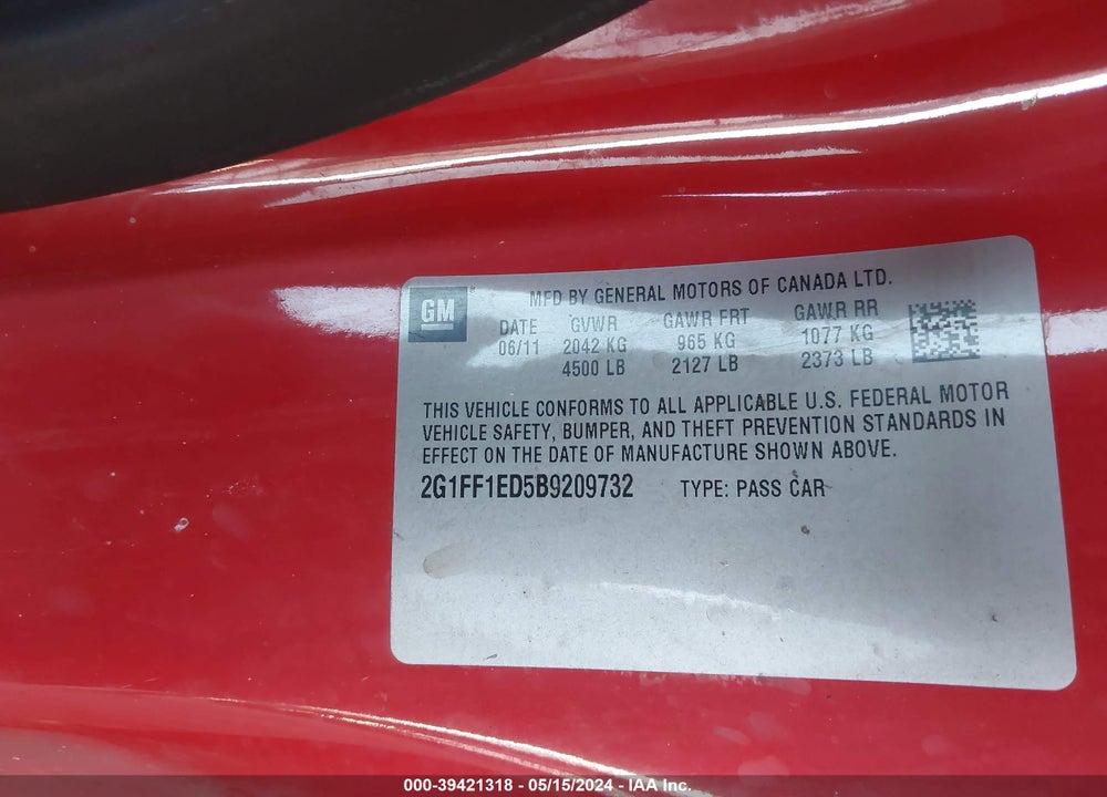 2011 CHEVROLET CAMARO 1LT VIN: 2G1FF1ED5B9209732
