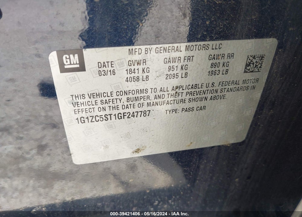 2016 CHEVROLET MALIBU 1FL VIN: 1G1ZC5ST1GF247787