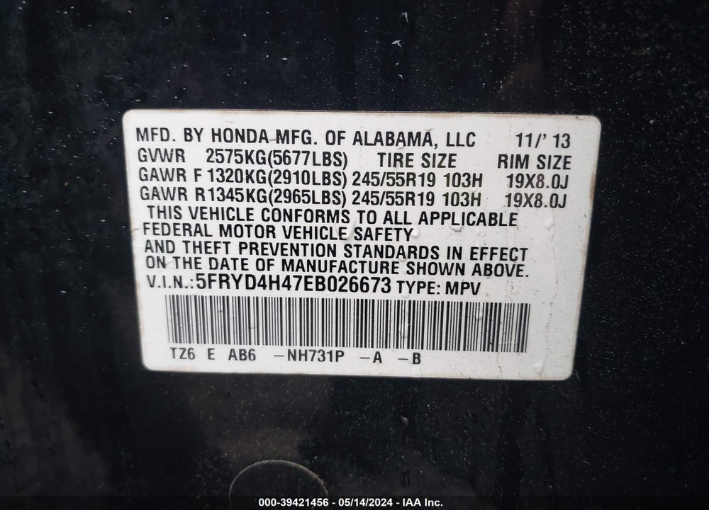 2014 ACURA MDX TECHNOLOGY PACKAGE VIN: 5FRYD4H47EB026673