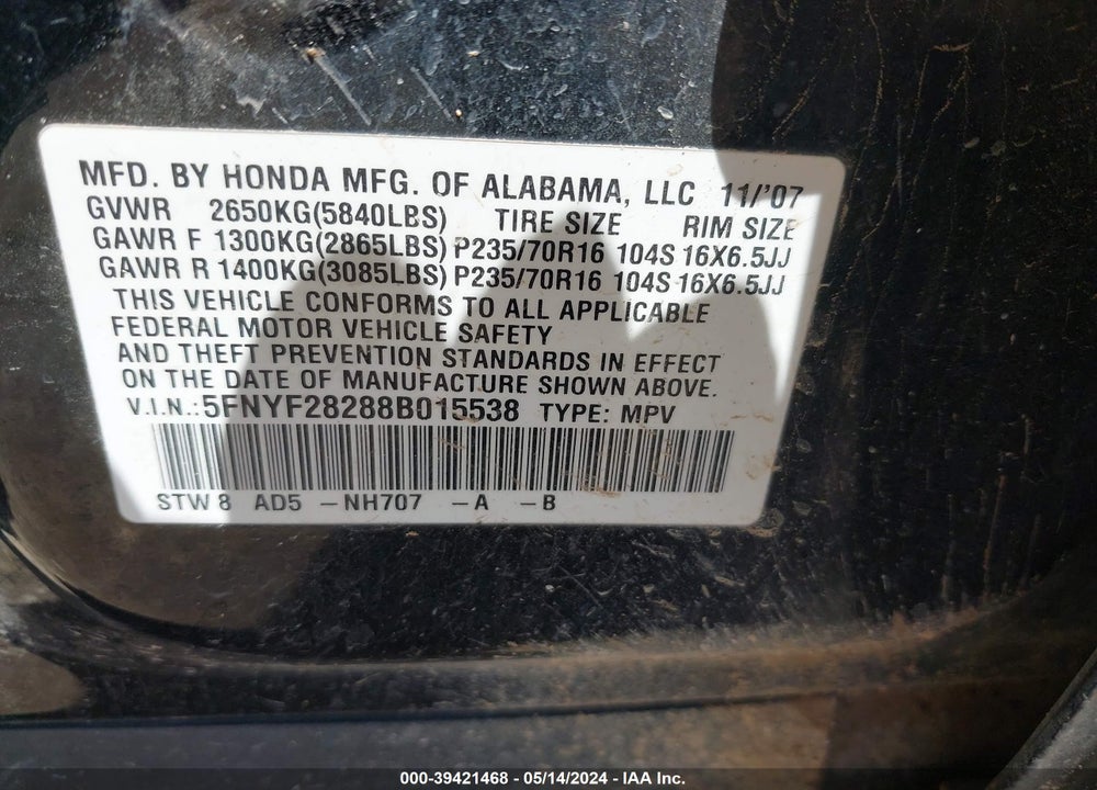 2008 HONDA PILOT VP VIN: 5FNYF28288B015538