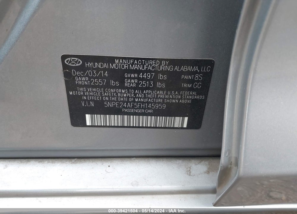 2015 HYUNDAI SONATA SE VIN: 5NPE24AF5FH145959