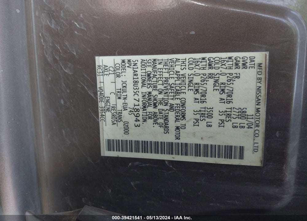 2005 NISSAN PATHFINDER SE VIN: 5N1AR18U35C718943