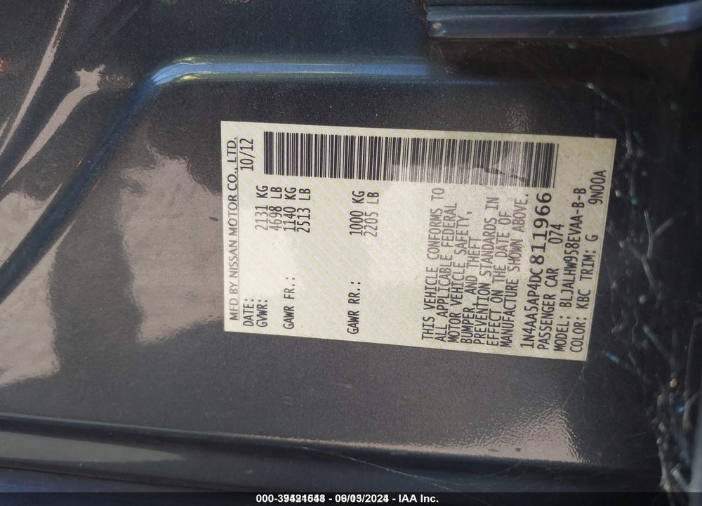 2013 NISSAN MAXIMA 3.5 SV VIN: 1N4AA5AP4DC811966