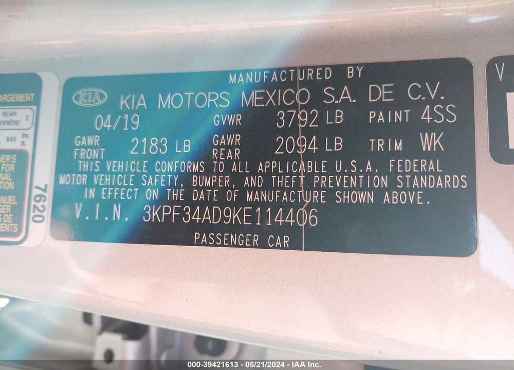 2019 KIA FORTE S VIN: 3KPF34AD9KE114406