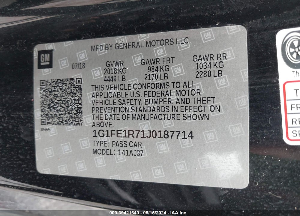 2018 CHEVROLET CAMARO 1SS VIN: 1G1FE1R71J0187714