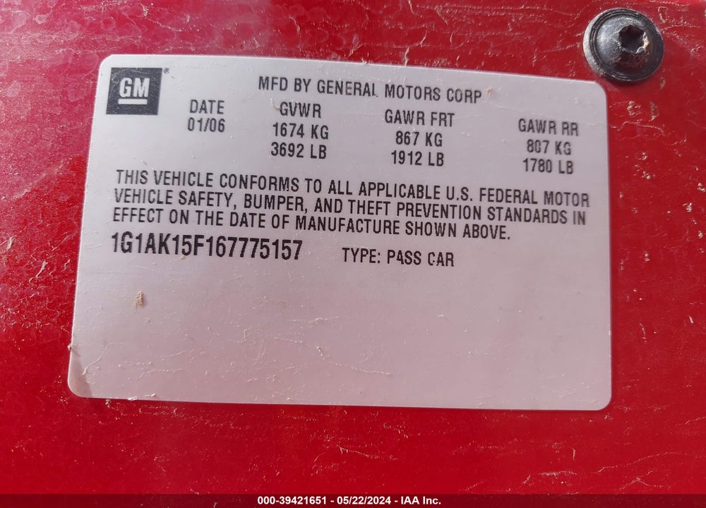 2006 CHEVROLET COBALT LS VIN: 1G1AK15F167775157