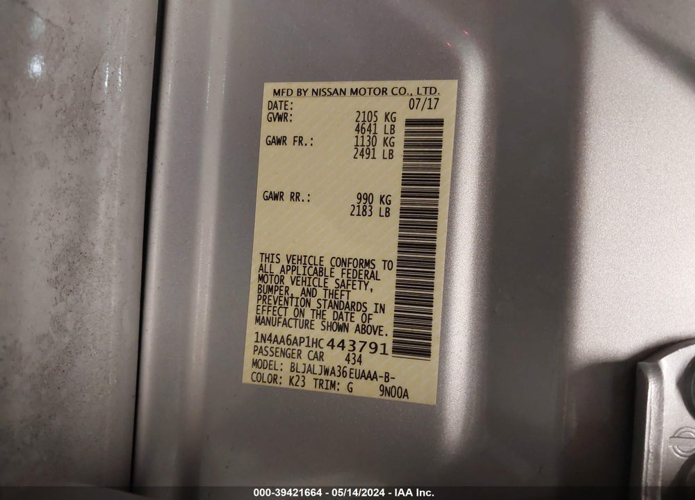 2017 NISSAN MAXIMA 3.5 SV VIN: 1N4AA6AP1HC443791