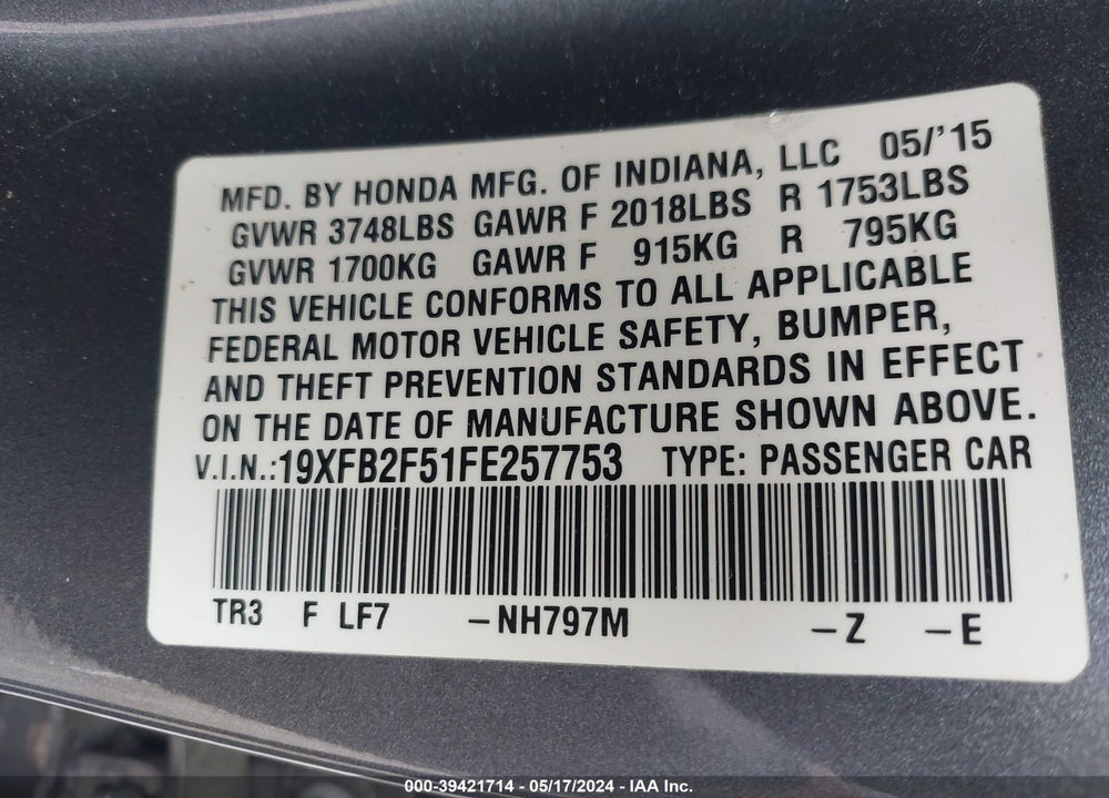 2015 HONDA CIVIC LX VIN: 19XFB2F51FE257753