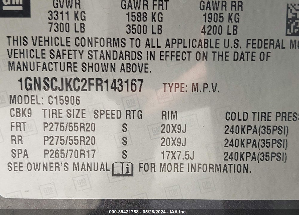 2015 CHEVROLET SUBURBAN 1500 LT VIN: 1GNSCJKC2FR143167