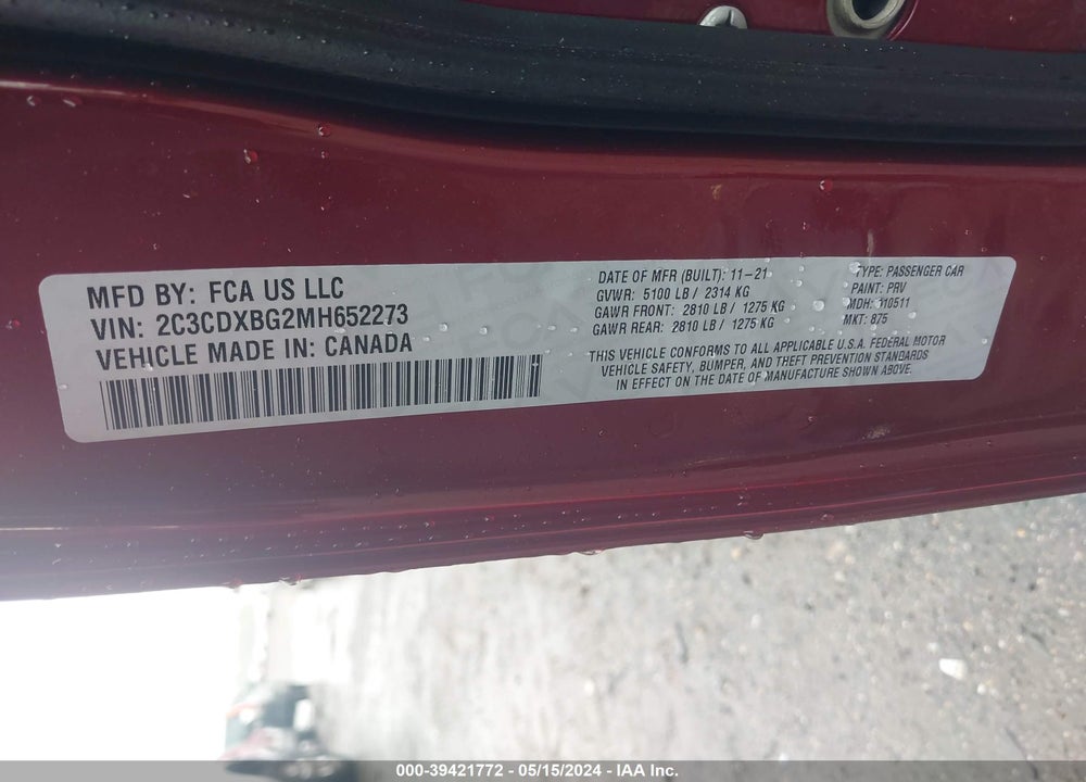 2021 DODGE CHARGER SXT RWD VIN: 2C3CDXBG2MH652273
