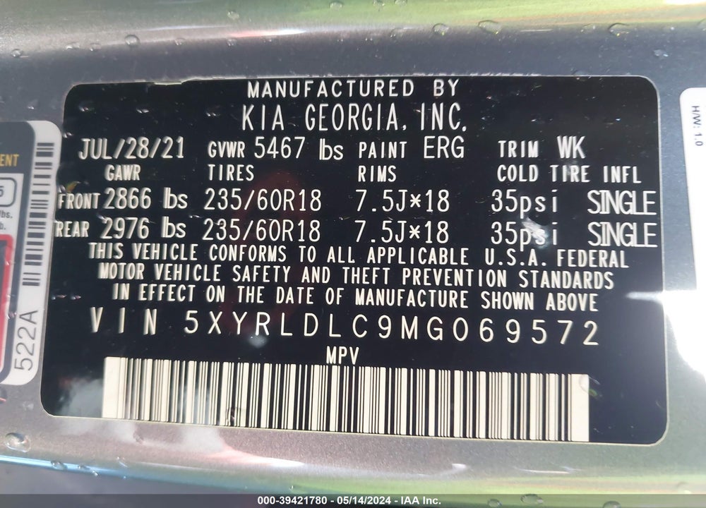 2021 KIA SORENTO S VIN: 5XYRLDLC9MG069572