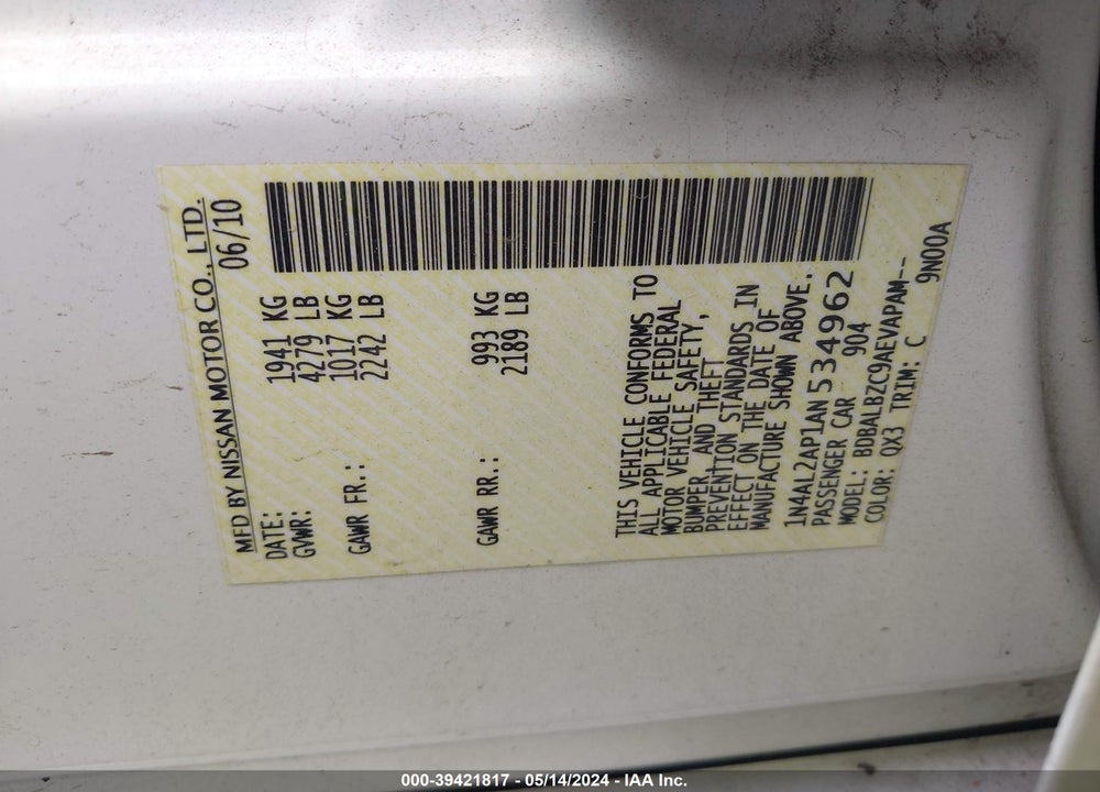 2010 NISSAN ALTIMA 2.5 S VIN: 1N4AL2AP1AN534962