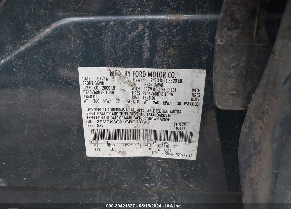 2016 FORD EDGE SE VIN: 2FMPK3G91GBC13798