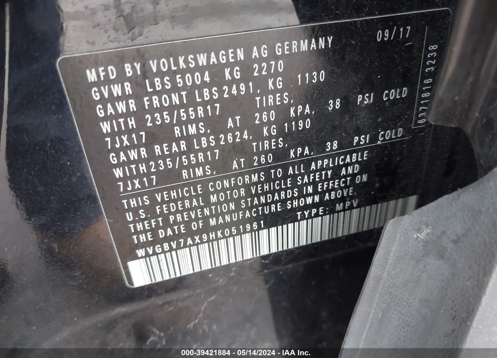 2017 VOLKSWAGEN TIGUAN 2.0T/2.0T S VIN: WVGBV7AX9HK051961