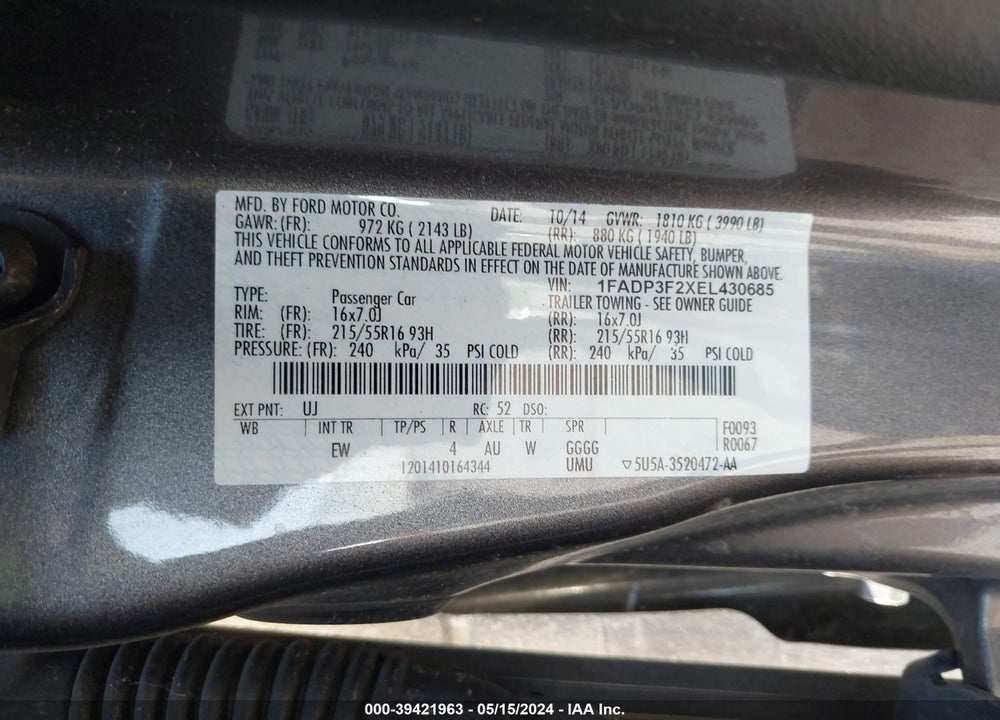 2014 FORD FOCUS SE VIN: 1FADP3F2XEL430685