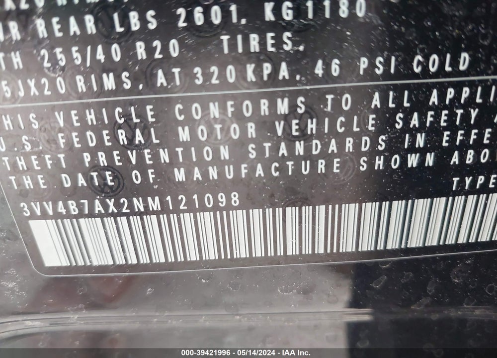 2022 VOLKSWAGEN TIGUAN 2.0T SEL R-LINE VIN: 3VV4B7AX2NM121098