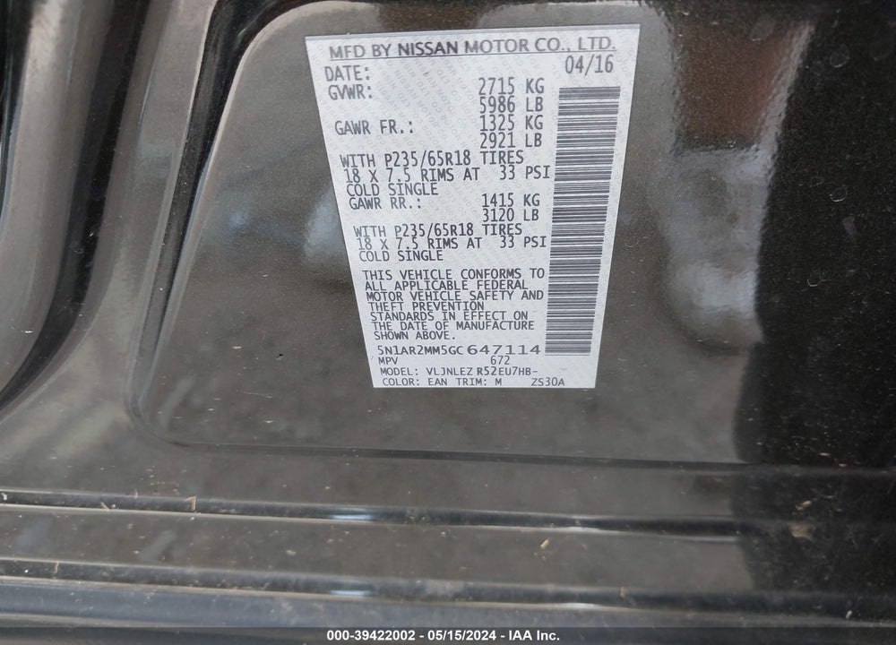 2016 NISSAN PATHFINDER SV VIN: 5N1AR2MM5GC647114