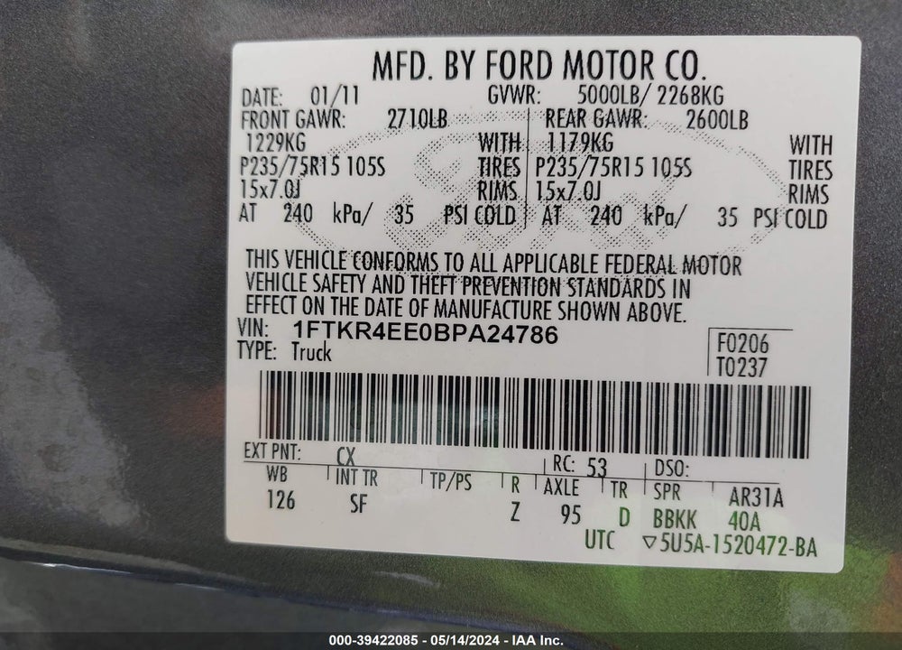 2011 FORD RANGER SPORT VIN: 1FTKR4EE0BPA24786