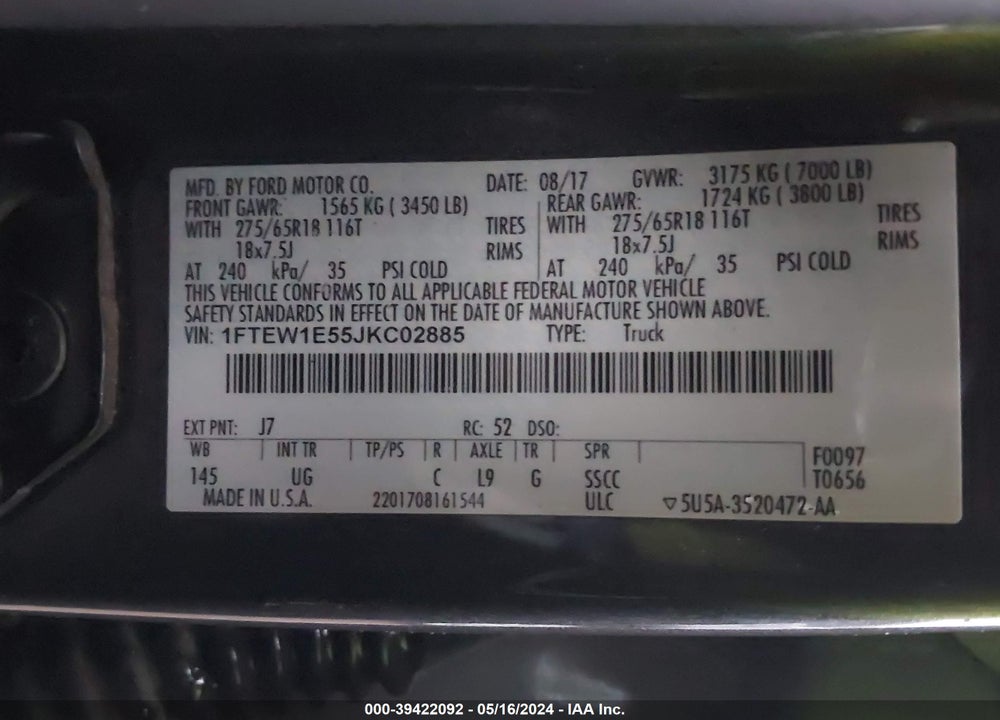 2018 FORD F-150 XLT VIN: 1FTEW1E55JKC02885