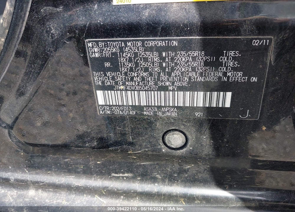 2011 TOYOTA RAV4 SPORT VIN: JTMRF4DV0B5045707