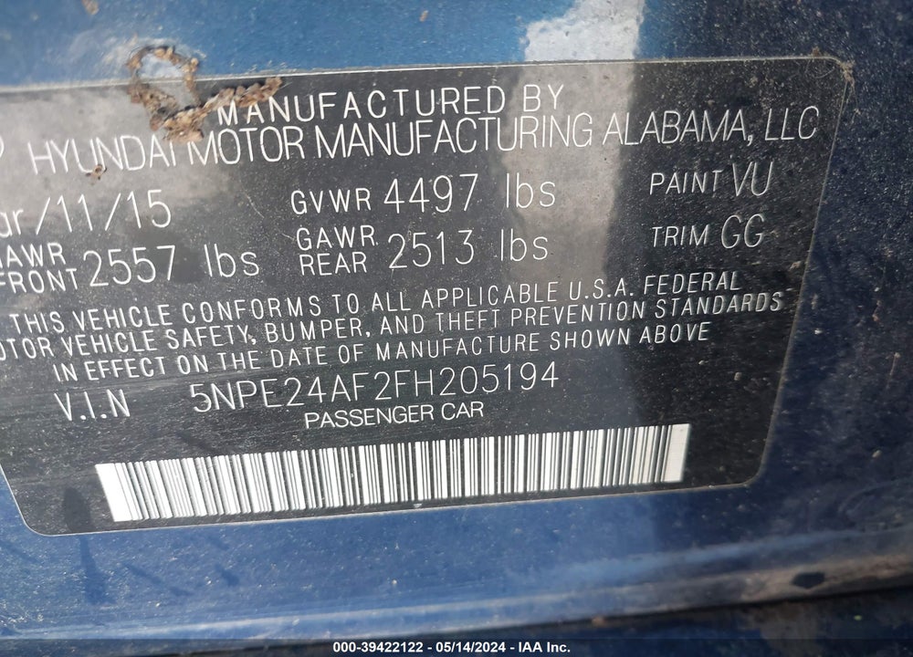 2015 HYUNDAI SONATA SE VIN: 5NPE24AF2FH205194