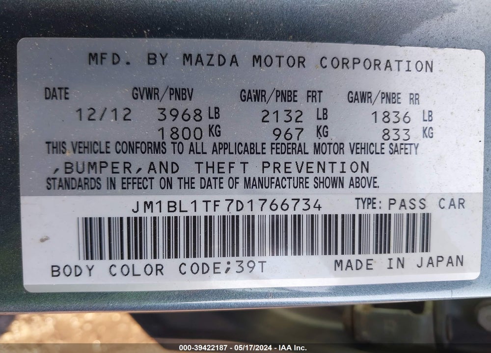 2013 MAZDA 3 I SV VIN: JM1BL1TF7D1766734