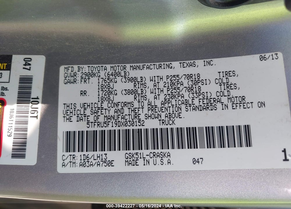 2013 TOYOTA TUNDRA GRADE V6 VIN: 5TFRU5F19DX030152