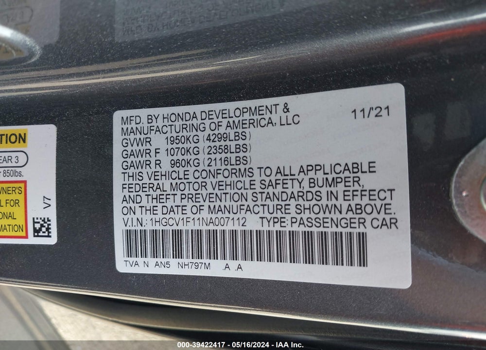 2022 HONDA ACCORD LX VIN: 1HGCV1F11NA007112
