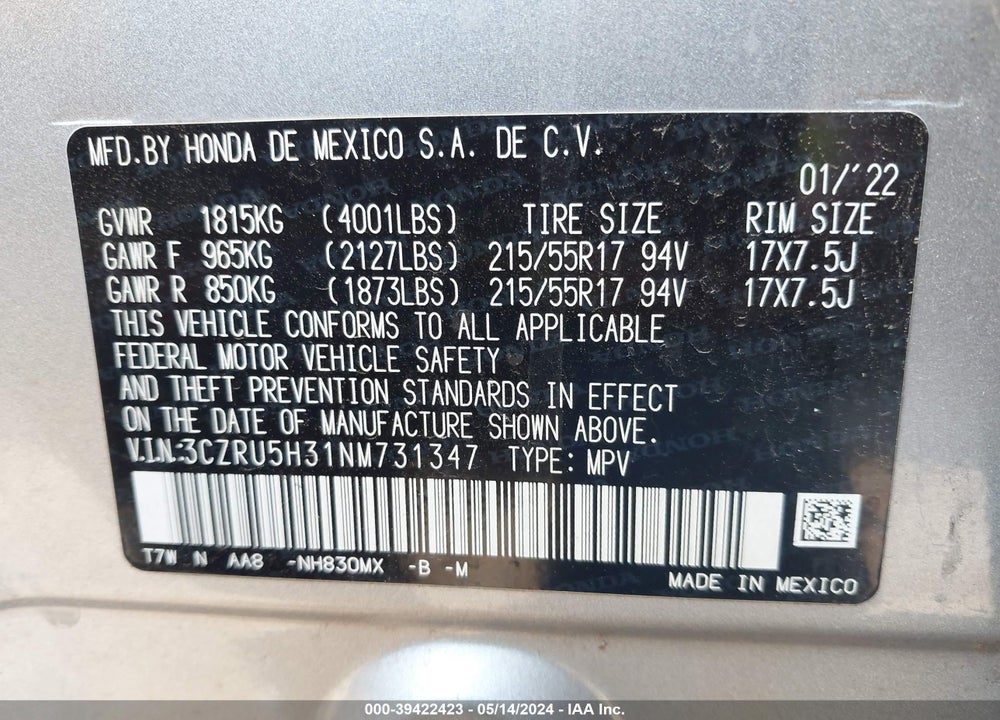 2022 HONDA HR-V VIN: 3CZRU5H31NM731347