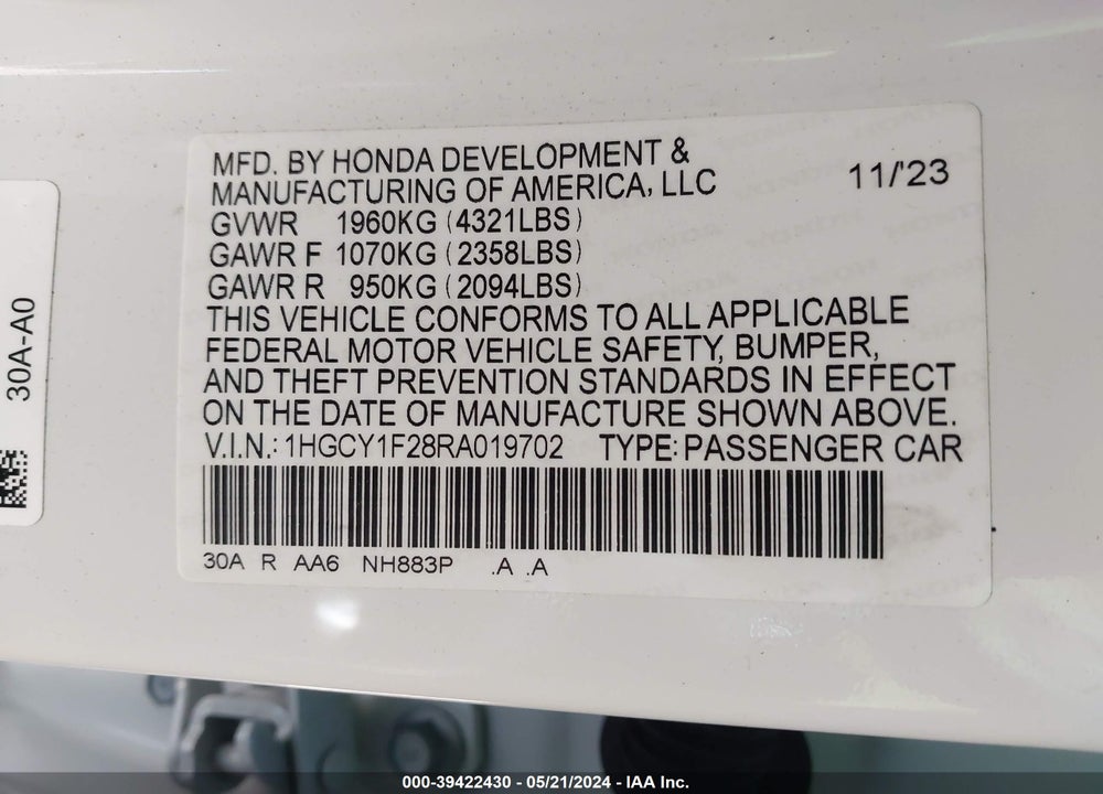2024 HONDA ACCORD LX VIN: 1HGCY1F28RA019702