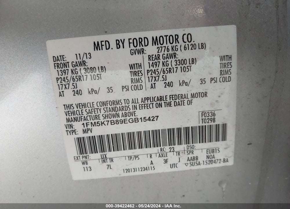2014 FORD EXPLORER VIN: 1FM5K7B89EGB15427