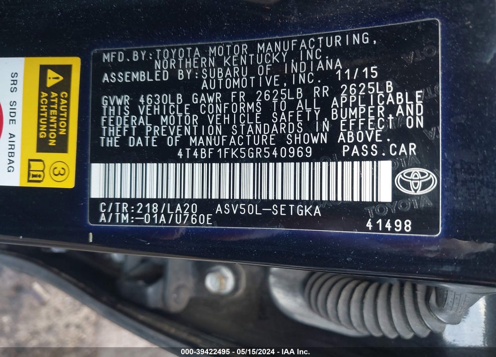 2016 TOYOTA CAMRY XLE VIN: 4T4BF1FK5GR540969