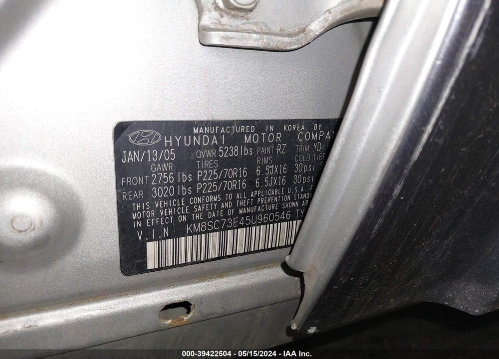 2005 HYUNDAI SANTA FE GLS/LX VIN: KM8SC73E45U960546