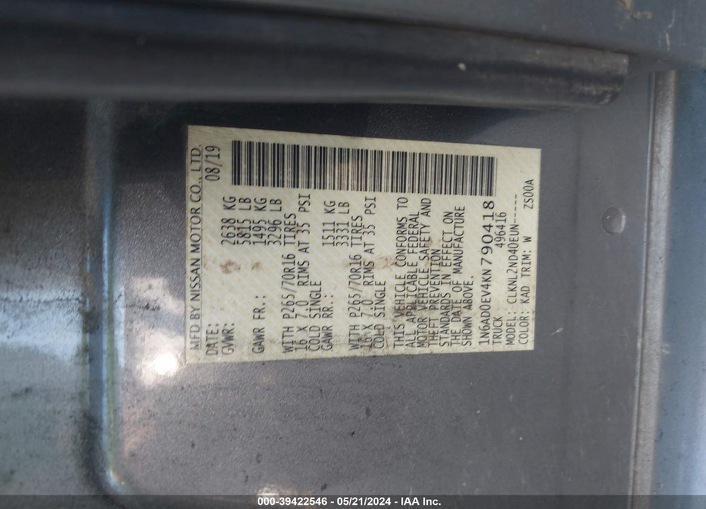 2019 NISSAN FRONTIER SV VIN: 1N6AD0EV4KN790418