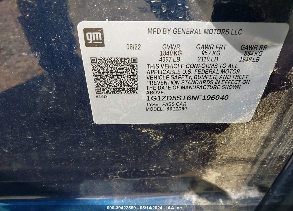 2022 CHEVROLET MALIBU FWD LT VIN: 1G1ZD5ST6NF196040