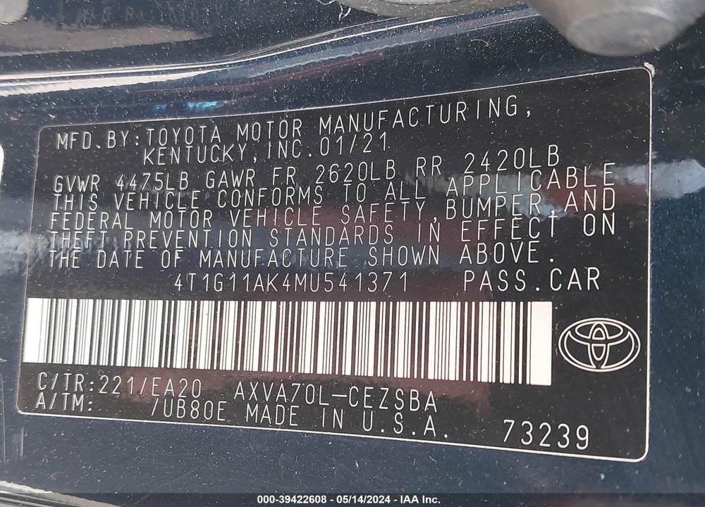 2021 TOYOTA CAMRY SE VIN: 4T1G11AK4MU541371
