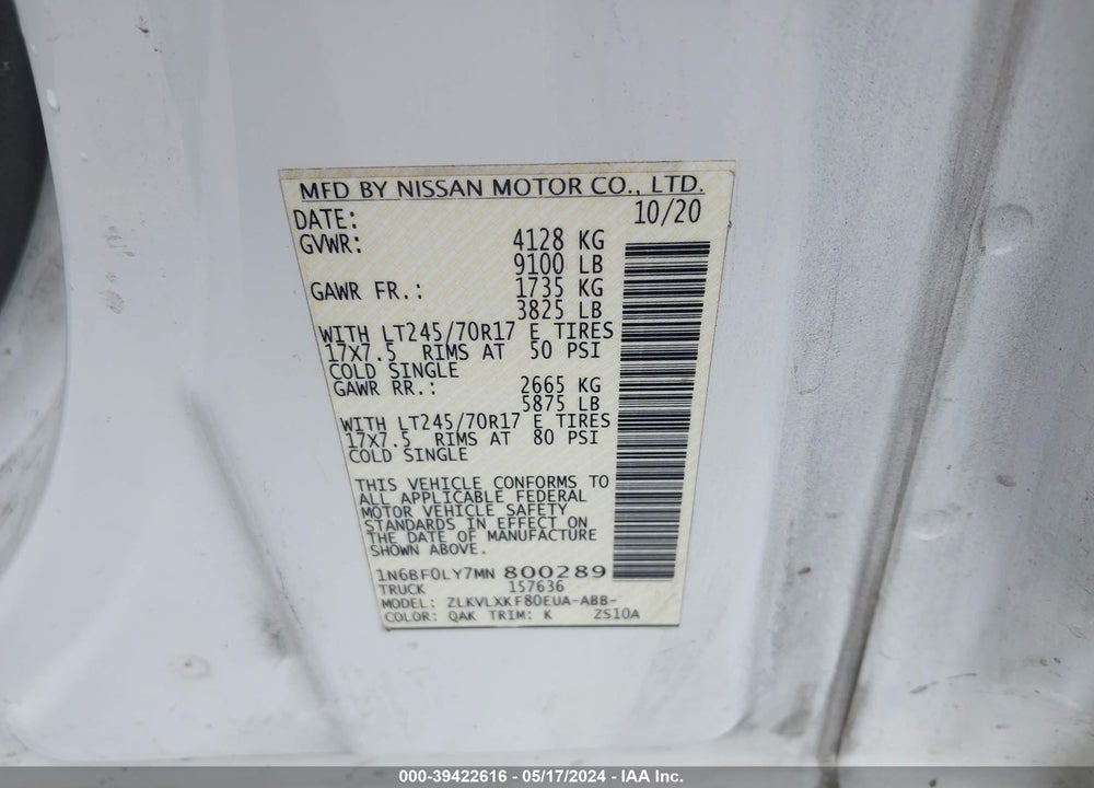 2021 NISSAN NV CARGO NV2500 HD SV HIGH ROOF V6 VIN: 1N6BF0LY7MN800289