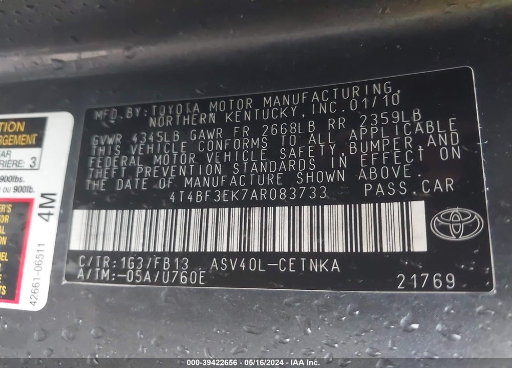 2010 TOYOTA CAMRY LE VIN: 4T4BF3EK7AR083733