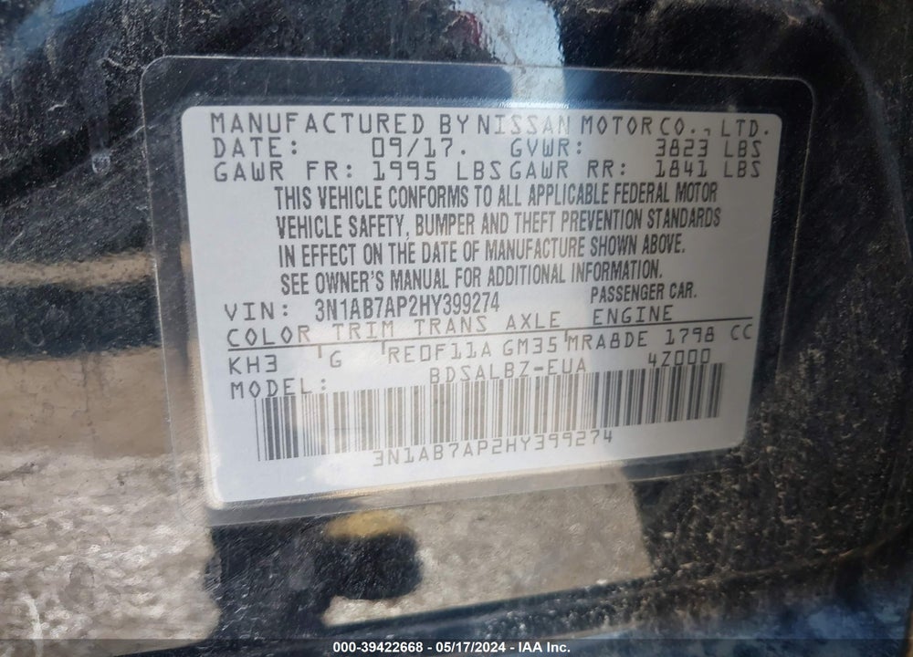 2017 NISSAN SENTRA S VIN: 3N1AB7AP2HY399274