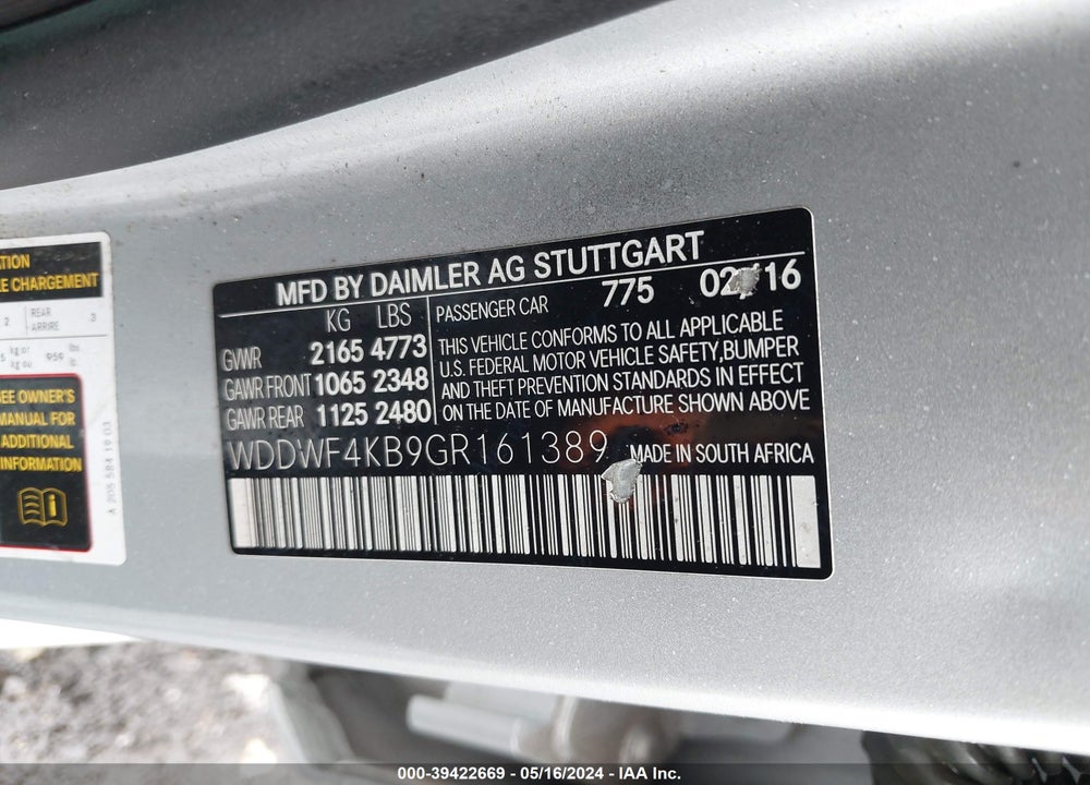2016 MERCEDES-BENZ C 300 4MATIC/LUXURY 4MATIC/SPORT 4MATIC VIN: WDDWF4KB9GR161389