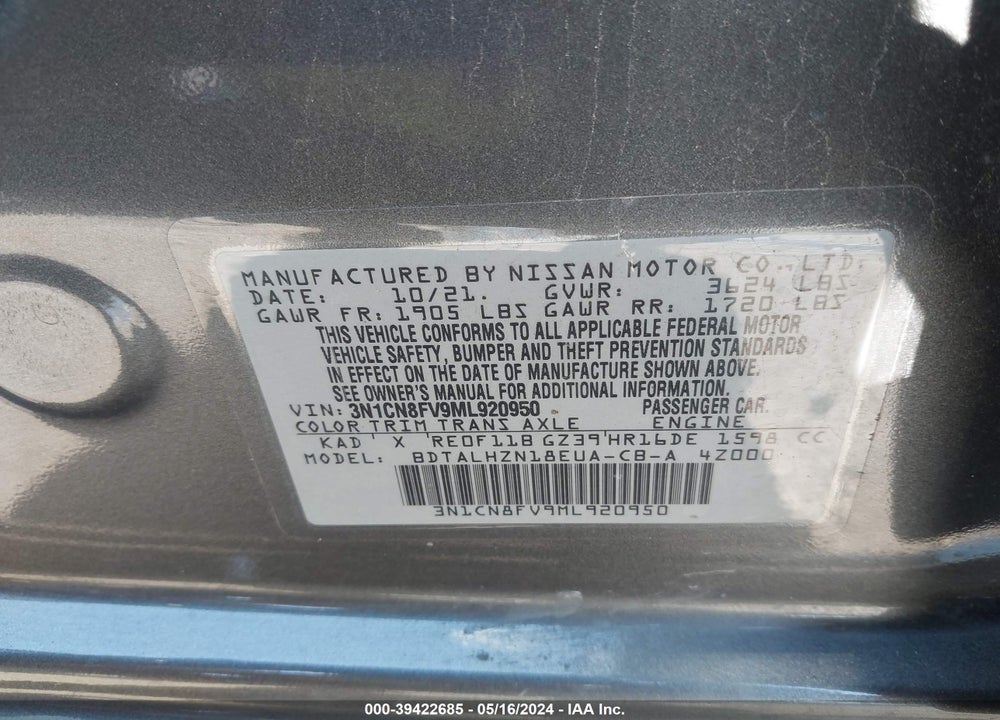 2021 NISSAN VERSA SR XTRONIC CVT VIN: 3N1CN8FV9ML920950