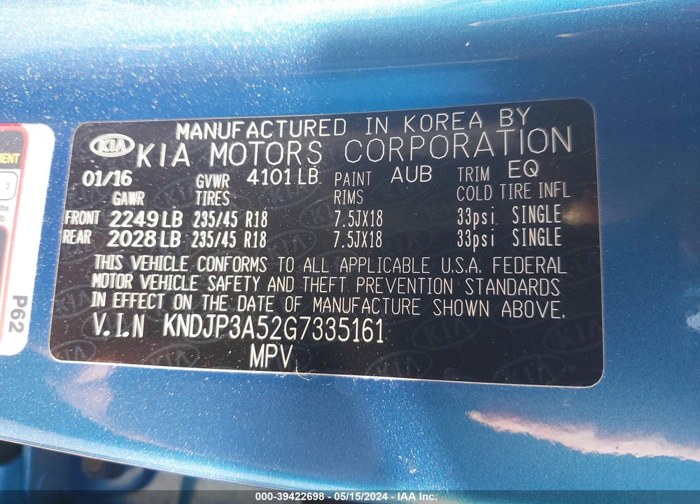2016 KIA SOUL VIN: KNDJP3A52G7335161