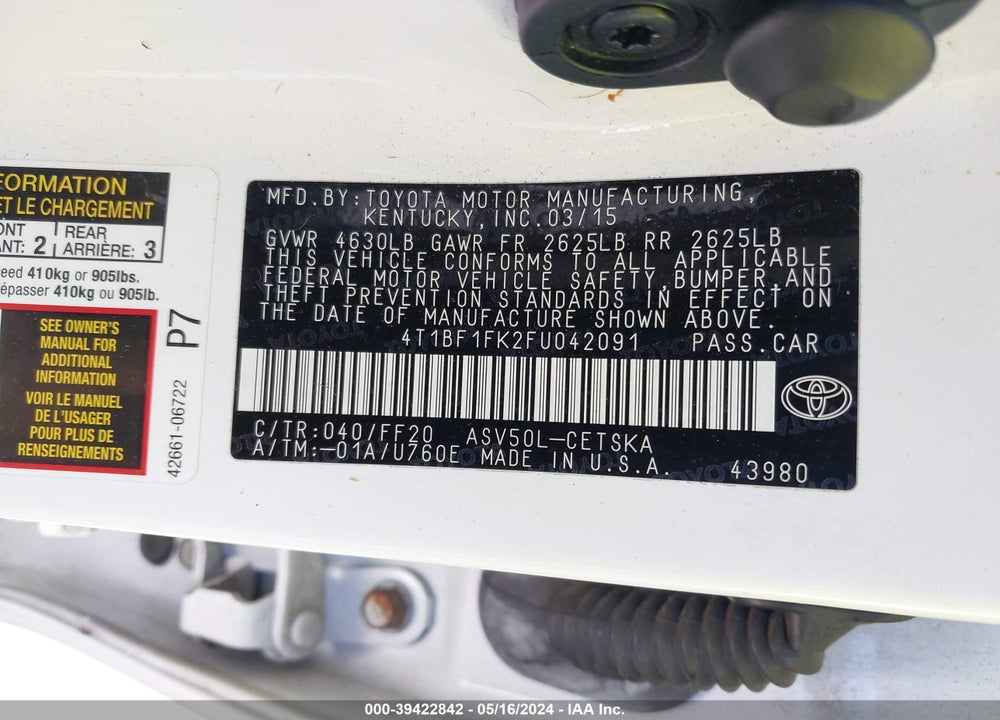 2015 TOYOTA CAMRY VIN: 4T1BF1FK2FU042091